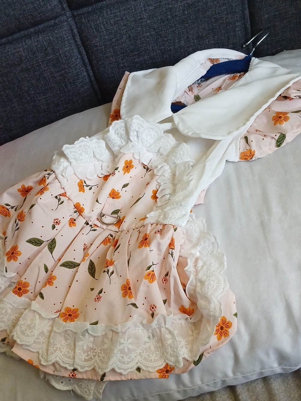 Floral Lace Pink Dog Dress with White Trim